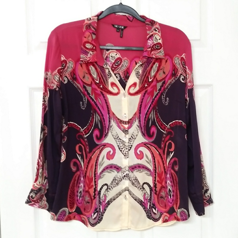Nic + Zoe Silk Abstract Print Button Down Blouse